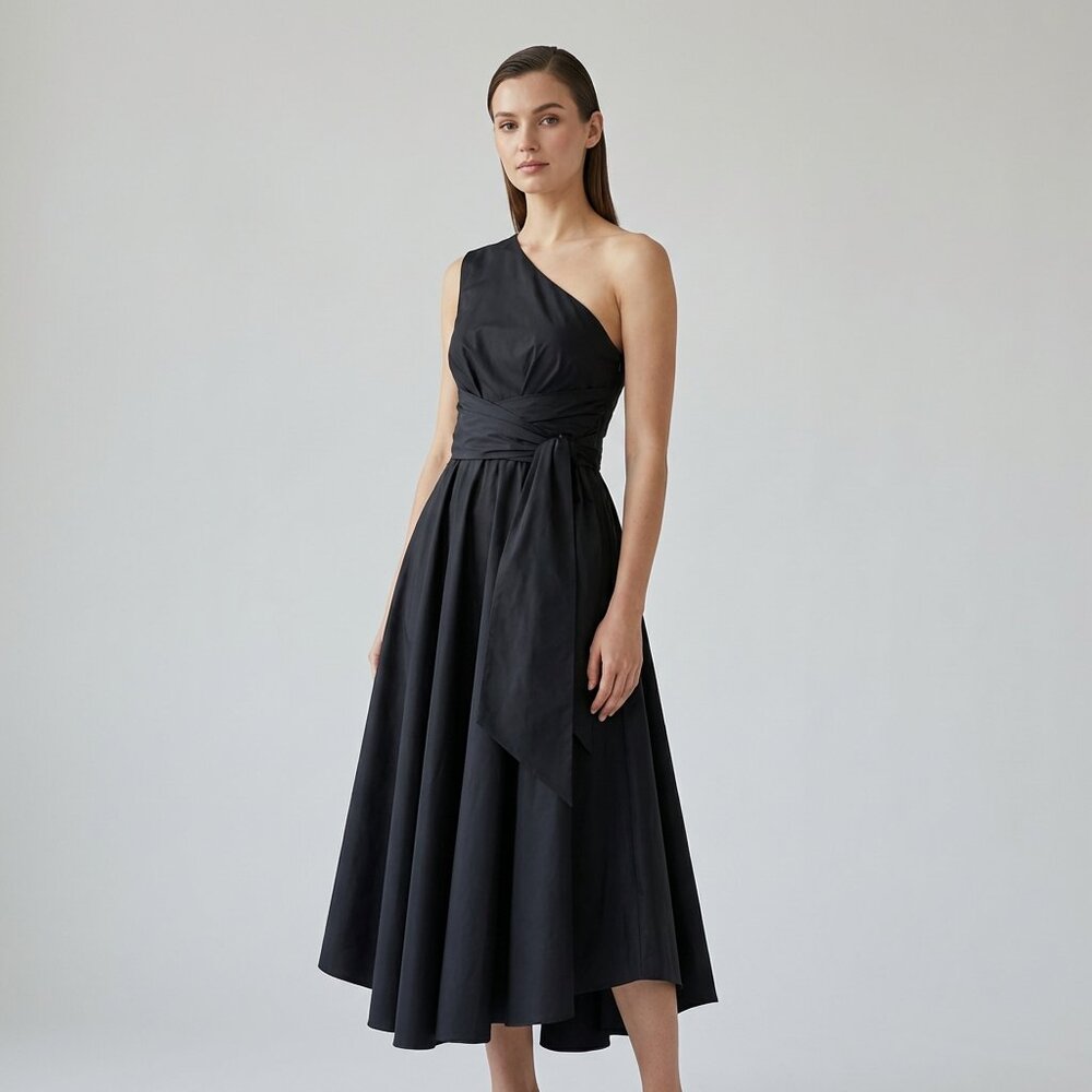 TIBI Black Asymmetric Cotton Midi Dress With Ties, size 4